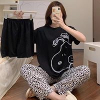 Ensemble de Pyjama Femme 3 Pièces Été Fin Doux Vêtements de Nuit Imprimé Dessin Animé Homewear T-shirt + Short + Pantalon Tenue Décontractée