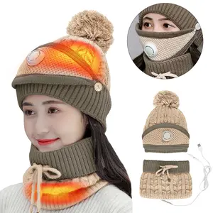 Wholesale Warm USB Electric Outdoor Heat Knit Thermal Face Cover Scarf and Beanie Caps 3 Piece Set Heated Winter Hat