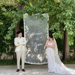 S549 Luxueux rideau de fond en dentelle avec lettres, rideau de fond en tulle, panneau de <span class=keywords><strong>bienvenue</strong></span> pour <span class=keywords><strong>mariage</strong></span> et fête de fiançailles - Product Image 4