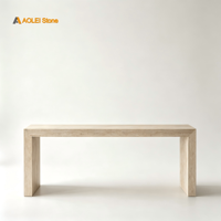 Table console en marbre travertin beige minimaliste moderne, parfaite pour la décoration de salon haut de gamme et d'entrée.