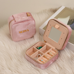 Custom Portable Square Velvet Fashionable Zipper <b>Ring</b> Earring Jewelry Box Mirror Organizer Jewelry <b>Storage</b> Case Travel - Product Image 4
