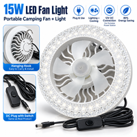 Ventilateur d'extérieur portable avec lumière LED 15W, lampe de camping avec connexion directe CC pour générateur solaire, camping-car et éclairage d'urgence