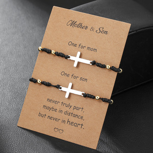 <b>Mother</b> <b>Son</b> Cross Bracelet Stainless Steel Waxed Thread Parent Child Jewelry <b>Gift</b> Set - Product Image 1