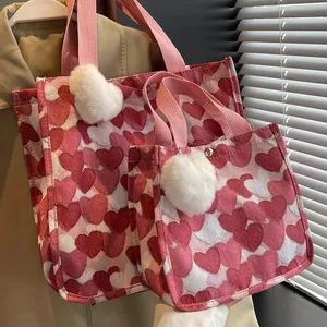 Valentine's Day Bag Gift 2024 Spring Portable Commute Fur Heart Bag Canvas Tote Bag With 2 Size