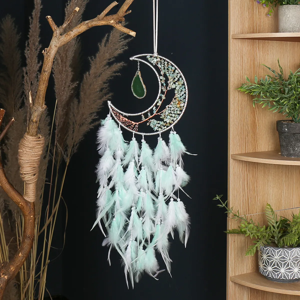 Batu kristal alami lonceng angin Dream Catcher dekorasi rumah bulan kristal ornamen pohon kehidupan penangkap mimpi hadiah untuk Gadis