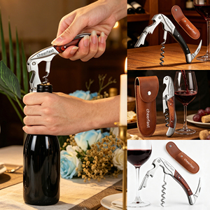 Nuevo Diseño de Destapador de Vino Multifuncional de Madera Negra con Caja de Regalo de Cuero PU Marrón para Vino Rosado - Product Image 6
