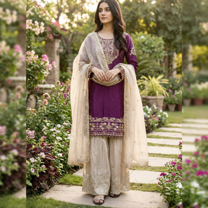 Traje Recto de Mezcla de Seda Color Vino Premium con Dupatta Estampada Floral de Diseñador y Escote Bordado para Fiestas - Product Image 1