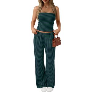 Conjunto de 2 piezas para mujer, top tipo tubo a rayas, pantalones, conjunto a juego de punto transpirable para verano, playa, vacaciones, ropa de viaje - Product Image 1