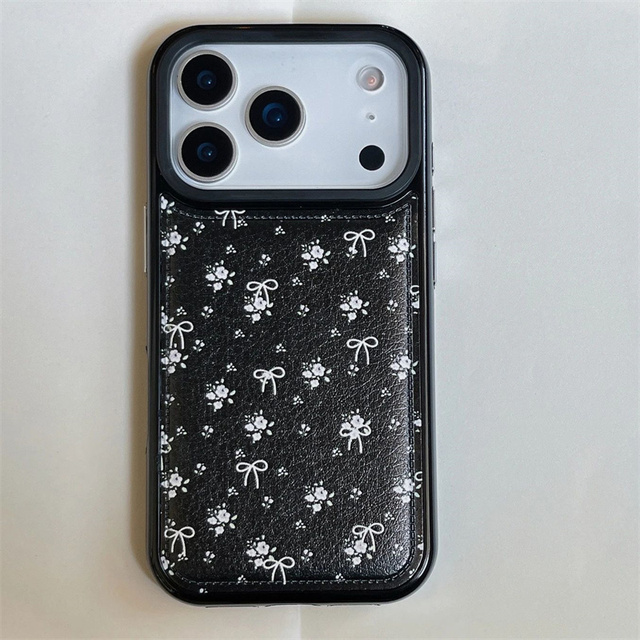 Black & White Elegant Floral Bow Pattern Bulge Leather Phone Case for iPhone 17 Air 16 Pro Max 15 14 Plus 13 12 11 Back Cover
