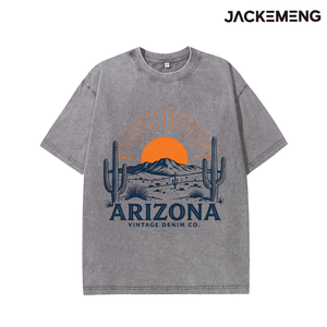Camiseta Oversize Azul Marino con Estampado de Dos Grandes Cactus, Naranja, Sol y Montaña del Desierto, Estilo Retro Western Casual, Stock de EE. UU. al por Mayor - Product Image 5
