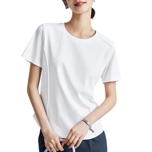 Women's Pink Short Sleeve T-Shirt Solid Color Round Neck Mercerized Cotton Summer <b>Base</b> <b>Layer</b> Top - Product Image 5