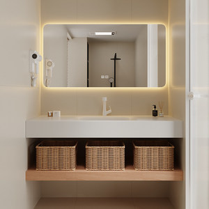 Wooden color floating washbasin intelligent backlit <b>mirror</b> bathroom storage, bathroom cabinet combination - Product Image 6