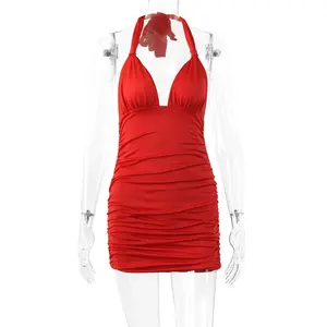 Sexy Rüschen V Deep Evening Party Kleid 2023 Sommer Short Halfter Rote Kleider Für Frauen Tight Club Mini Dress Clubwear