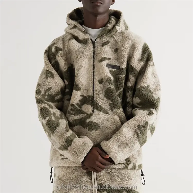 Custom Pullover Volledige Print Half Zip Fleece Sherpa Camouflage Hoodie Voor Mannen