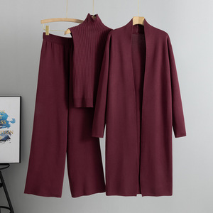Ensemble de vêtements en tricot pour femmes, cardigan long, gilet à col haut, pantalon large, tenue trois pièces, mode printemps automne - Product Image 4