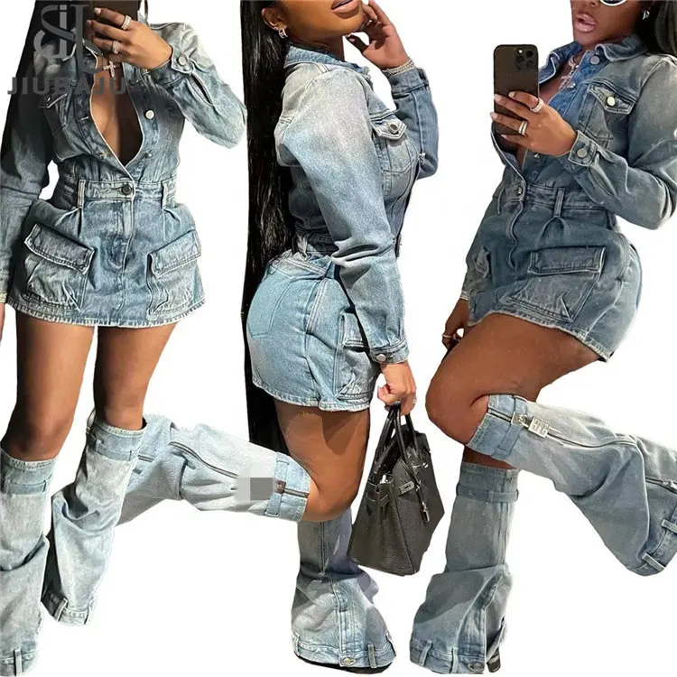 Outono Inverno Y2K Streetwear Sexy Jeans Club Wear Vintage Denim Dress Set Lapel Neck Camisas Vestido de carga com Leg Covers 2023