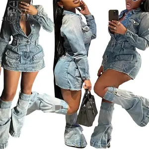 Otoño Invierno Y2K Streetwear Sexy Jeans Club Wear Vintage Denim Dress Set Solapa Cuello Camisas Cargo Vestido con cubiertas para piernas 2023