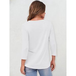 Camisa Henley de Manga 3/4 para Mujer, Blusa con Botones, Túnica Informal Básica, Popelina de Algodón Blanca, Uso Diario - Product Image 4