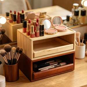 Solid Wood Desktop <b>Storage</b> <b>Box</b> With <b>Drawer</b> And Tier For Coffee Utensils Jewelry Fragrance Display - Product Image 3