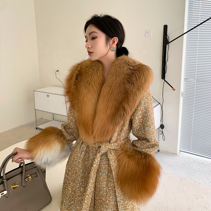 Women's Warm Soft Lady Cashmere Coat Long Style Woolen Houndstooth Real Fox Fur Female Cashmere gold Fox Fur Coat