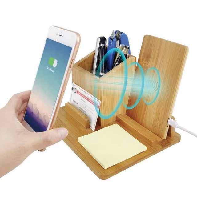 Bamboo Desktop Pen Holder Wireless Lazy Mobile Phone Charging Stand Office Multi-purpose Storage Box
