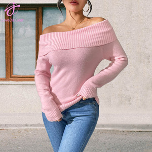 Loveda all'ingrosso da donna Slim Fit colletto <span class=keywords><strong>monospalla</strong></span> maglione Sexy off the shoulen tinta unita <span class=keywords><strong>maglia</strong></span> di Base - Product Image 2