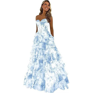 S3413N 2026 Nuovo Vestito da Sera da Donna a Trapezio con Stampa Floreale, Corsetto e <span class=keywords><strong>Spacco</strong></span> Frontale, Gonna Lunga con Volant, Ideale per Feste - Product Image 5