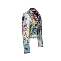 Respirant Mode Casual Noir Style Graffiti-Imprimer Zipper Varsity Veste Moto En Cuir Clouté-Rivet Denim Veste