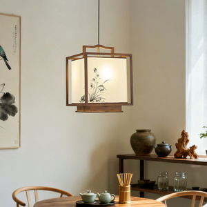 Lustre esthétique de la dynastie Song, nouveau style chinois, peinture à l'encre, orchidée, bois massif, luminaire en tissu pour salon - Product Image 1