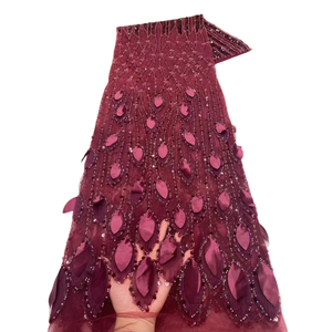 Ni. Ai Burgundy ren vải Wedding Dress ren sang trọng 3D cánh hoa đính cườm sequin ren vải cho Dresses - Product Image 1