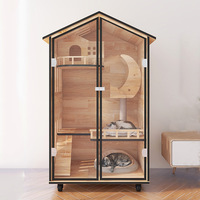 Villa panoramique pour chats en bois massif, meubles multi-niveaux pour chatons, enclos en verre, poteau en sisal, échelle, frein à roulettes, serrure à clé, vente en gros
