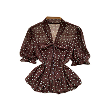 Chemise à pois à manches courtes bouffantes et à nœud devant pour femme, idéale pour l'été et les trajets professionnels