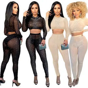 Sexy Mesh Sheer Rhinestone 2 Piece Set for Women Club Wear Party Co Ord Set Crop Top and Leggings Matching Sets Birthday Outfits