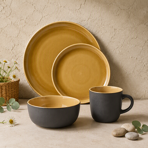 Service de table vintage européen en grès, 12 pièces, jaune <span class=keywords><strong>moutarde</strong></span>, avec glaçure réactive et motifs en relief, assiettes et bols en céramique, compatible lave-vaisselle - Product Image 1