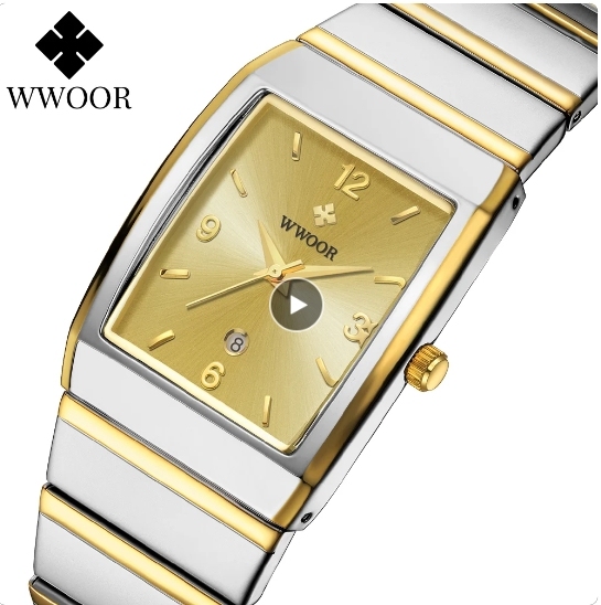 WWOOR 8888 Luxury Man's Square Watch Automatic Date Waterproof Stainless Steel Fashion Business Mens Quartz Wristwatches for Men