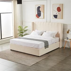 Ensemble de meubles de chambre à coucher Lit king-size en velours de luxe Lit classique à haut dossier capitonné en tissu Teddy crème Cadre de lit en bois Lit <span class=keywords><strong>queen</strong></span>-size - Product Image 4