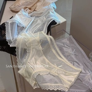 Braguitas de encaje de malla estilo francés para mujer con lazo, ribete de encaje hueco romántico, <span class=keywords><strong>ropa</strong></span> <span class=keywords><strong>interior</strong></span> transpirable minimalista y dulce estilo coquette - Product Image 2
