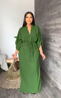 9860 Gaun Musim Panas Trendi Wanita Kasual Lengan Setengah V Neck Kerah Tegak Belahan Samping Gaun Maxi Formal Kantor Kerja