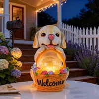Solar betriebener Willkommen welpe mit Blumen korb laterne, niedliche Harz hundes tatue, die "Willkommen" für Halloween-Garten dekor leuchtet