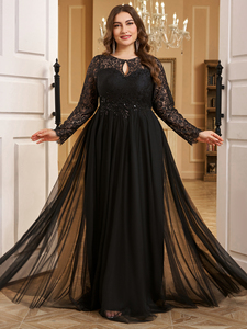 Váy cưới ren hoa sang trọng, tay dài, chất liệu lưới, kiểu dáng xẻ cổ khoét lỗ, dáng chữ A, dành cho cô dâu ngoại cỡ. - Product Image 6