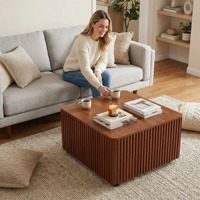 Table basse carrée cannelée de style Mid-Century Modern avec rangement, grande table centrale en bois pour salon