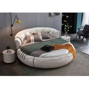Rainha moderna dupla plataforma estofado cama king size quarto mobília do quarto de luxo de couro frame da cama redonda