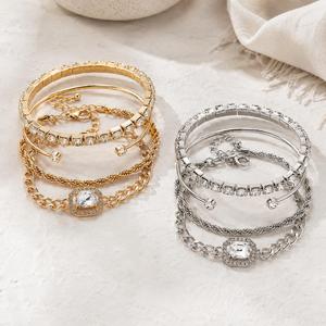 Hot Sell Vintage Gold Plated Zinc Alloy <b>Square</b> Diamond Adjustable Charm Bracelet Bangles <b>Set</b> High Polished Women's Jewelry Third - Product Image 2