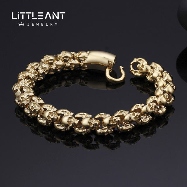 Fashion Titanium Steel Casting Non Tarnish Gothic Skeleton Skull Bracelet Hip-hop Gold Plated Jewelry for Men