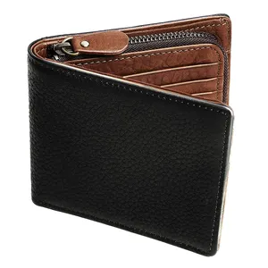 Japanese Style L-Shaped YKK Zipper Coin Pocket Two Folded Men's Genuine Leather RFID Blocking Short Wallet