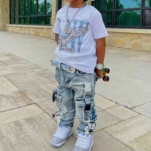 Ensemble Survêtement Garçon Chinois Personnalisé : Pantalon <span class=keywords><strong>Jean</strong></span> Stretch Confortable Bleu Délavé et T-Shirt, Survêtements Jogger pour Enfants - Product Image 2