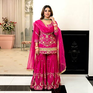 <b>Women</b>’s Heavy Faux Georgette <b>3</b>-<b>Piece</b> Sharara <b>Suit</b> Set with Sequin Embroidery & Soft Net Dupatta - Product Image 1