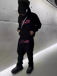 Ensemble sweat à capuche et jogging imprimé lettres noir et rose en polyester et coton, survêtement streetwear pour adultes - Product Image 1