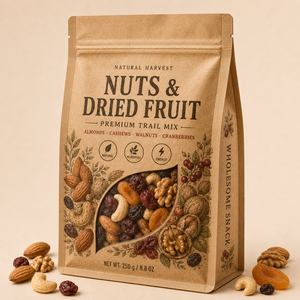 Sacs d'emballage alimentaire en papier kraft refermables en gros avec soufflet latéral et fenêtre pour noix et fruits secs - Product Image 1