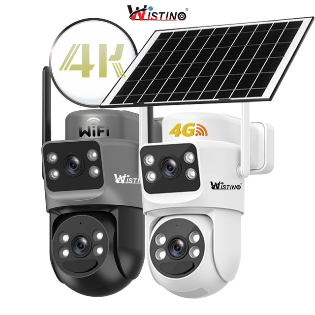 Wistino 4K Solar Powered Outdoor Security Cameras Night Vision Full Color Dual Lens Motion Detection 4G Solar CCTV Camera